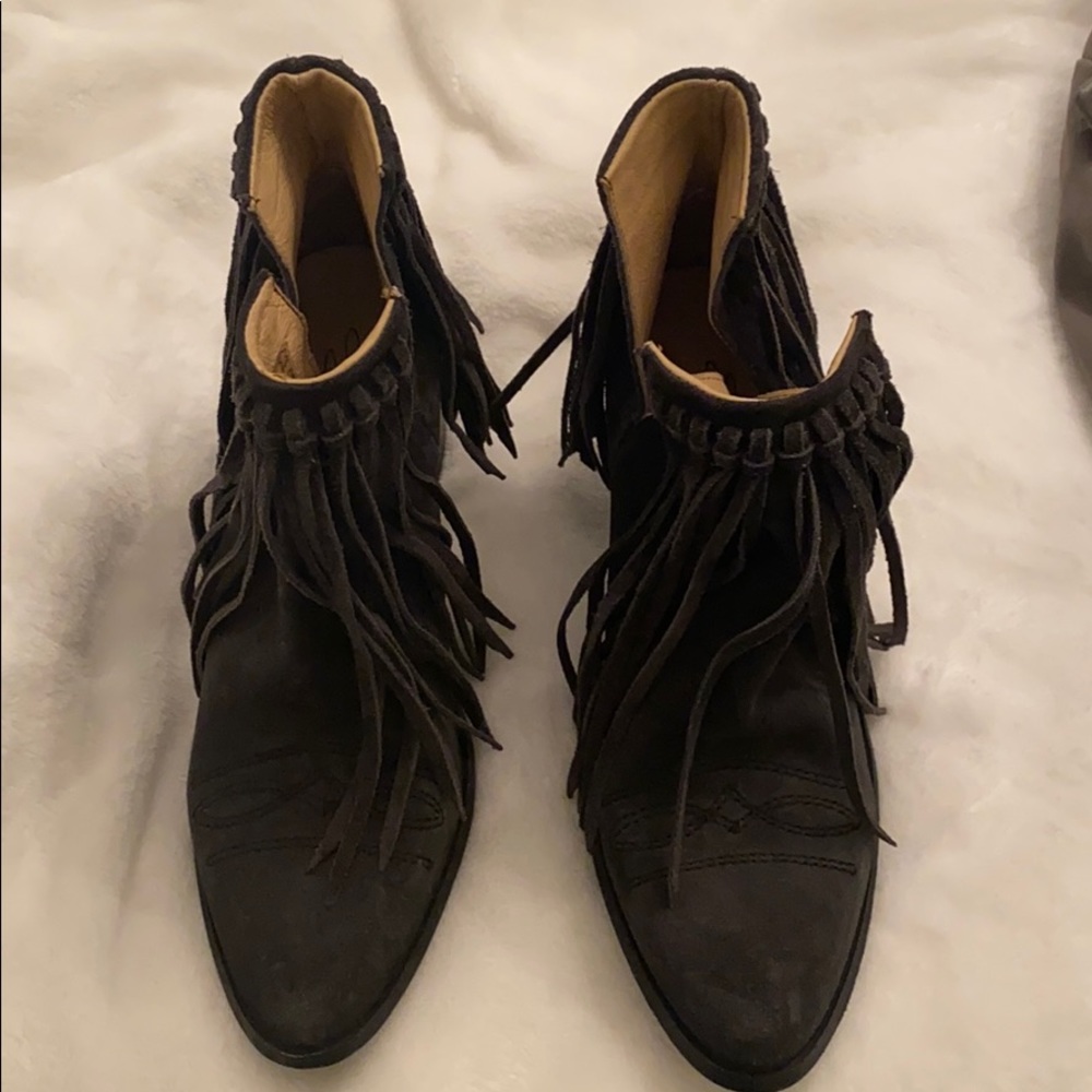 Black suede cowboy fringe booties bought at LF